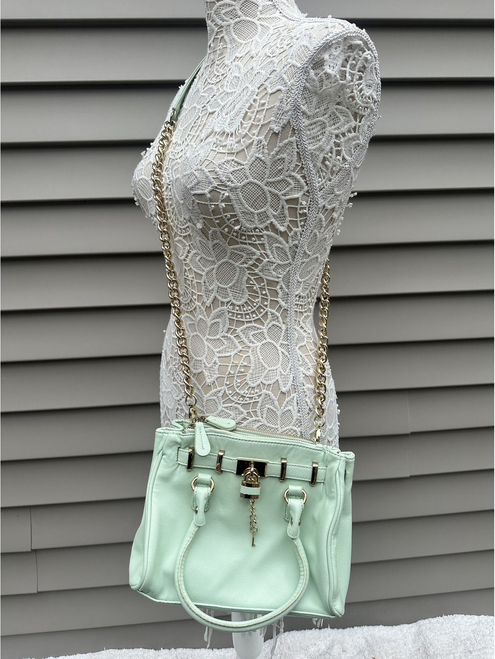 Mint Green Satchel Handbag with Gold Lock and Chain Strap